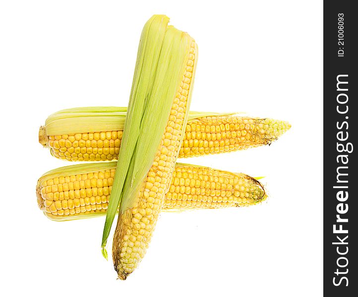 Three yellow corn cob isolated on a white background. Three yellow corn cob isolated on a white background