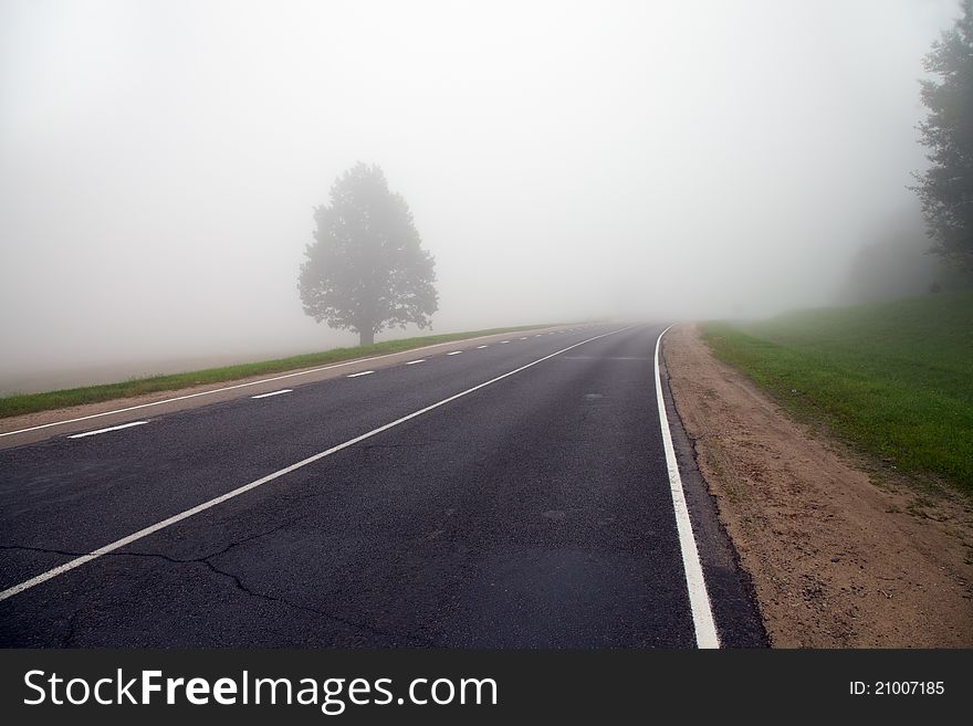 Dense fog covering the small asphalted road. Dense fog covering the small asphalted road