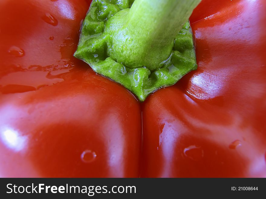 Red pepper in detail with water drops