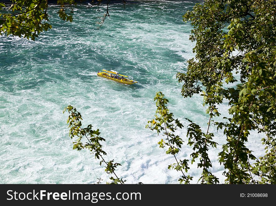 Boat approaching the Rhine Falls