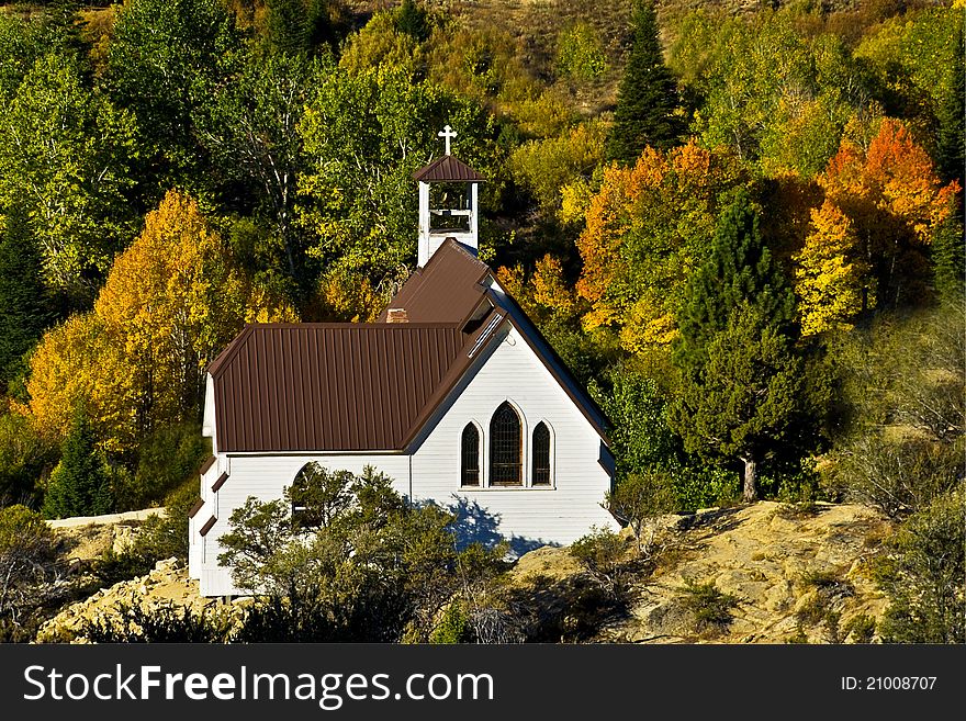 Mountain Church surrounded by the color of Autumn. This remote Church is located in the historic town of Silver City Idaho. Mountain Church surrounded by the color of Autumn. This remote Church is located in the historic town of Silver City Idaho.