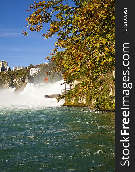 They are 150 m (450 ft) wide and 23 m (75 ft) high. The Rhine Falls were formed in the last ice age, approximately 14,000 to 17,000 years ago, by erosion- resistant rocks narrowing the riverbed. They are 150 m (450 ft) wide and 23 m (75 ft) high. The Rhine Falls were formed in the last ice age, approximately 14,000 to 17,000 years ago, by erosion- resistant rocks narrowing the riverbed.