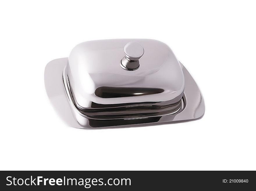 Stainless butter dish on white background.