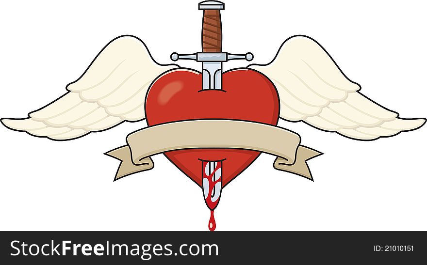 Illustration of a winged heart stabbed by a dagger. Features a banner for text. Illustration of a winged heart stabbed by a dagger. Features a banner for text.