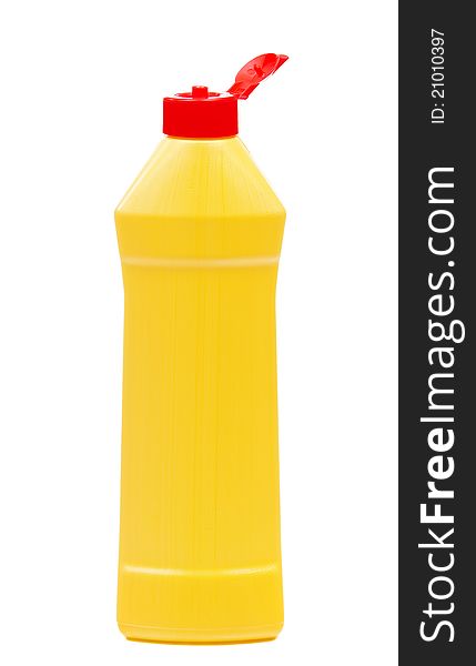 Yellow plastic bottle with detergent without label isolated on white background