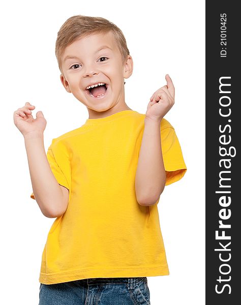 Happy little boy celebrating success over white background. Happy little boy celebrating success over white background