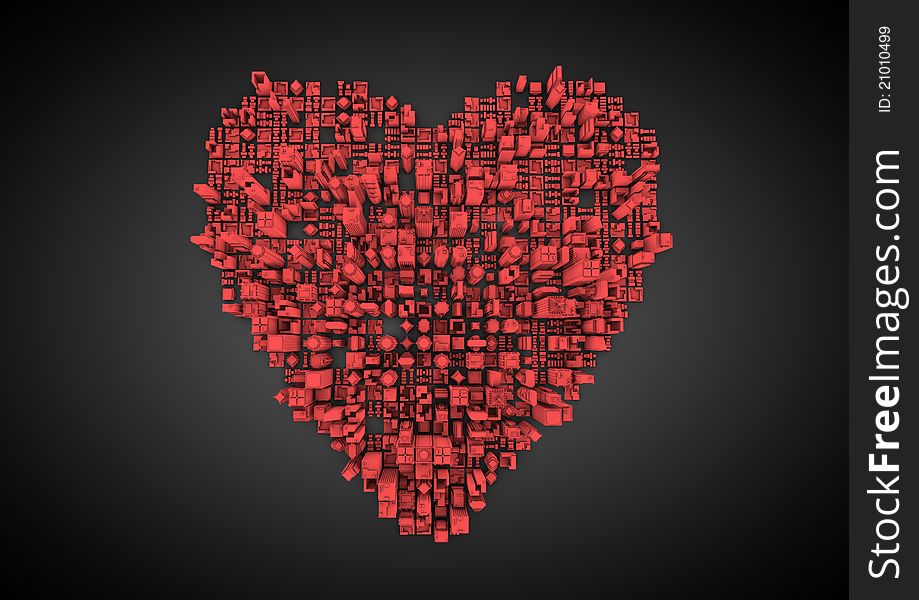 Render of a red city in the shape of a heart. Render of a red city in the shape of a heart