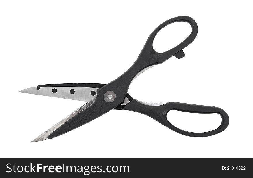 Kitchen scissors on white background