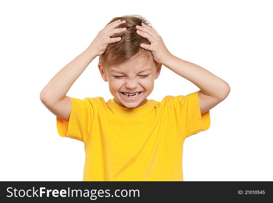 Portrait of shocked little boy with hands on head over white background. Portrait of shocked little boy with hands on head over white background