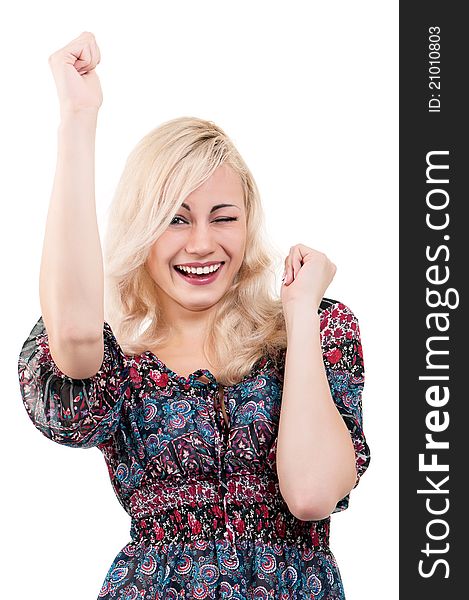 Portrait of attractive young woman with clenched fists celebrating success - isolated on white background. Portrait of attractive young woman with clenched fists celebrating success - isolated on white background