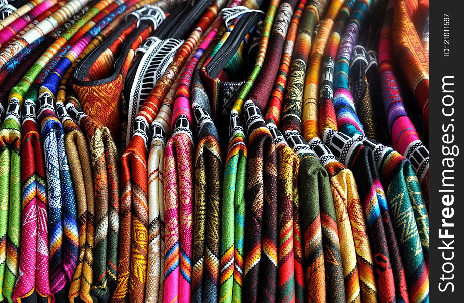 Peruvian fabric for sale in a marketplace. Peruvian fabric for sale in a marketplace.