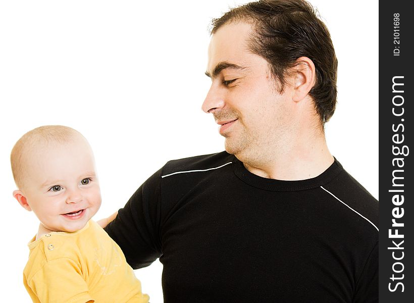 Smiling father and daughter on a white background. Smiling father and daughter on a white background.