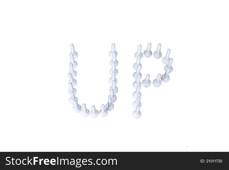 An UP shape with zinc plated screws in upright position on white background. An UP shape with zinc plated screws in upright position on white background