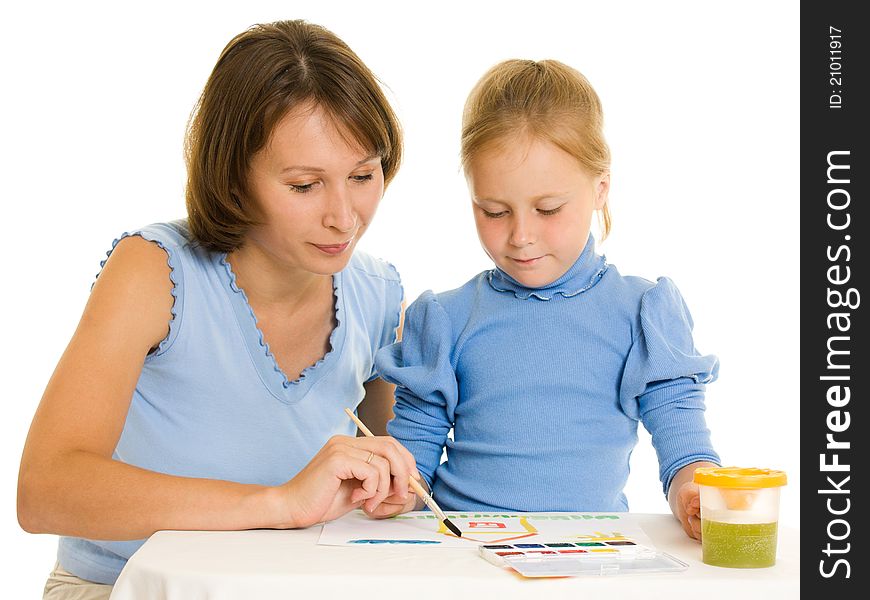 Mom and daughter paint colors on a white background. Mom and daughter paint colors on a white background.