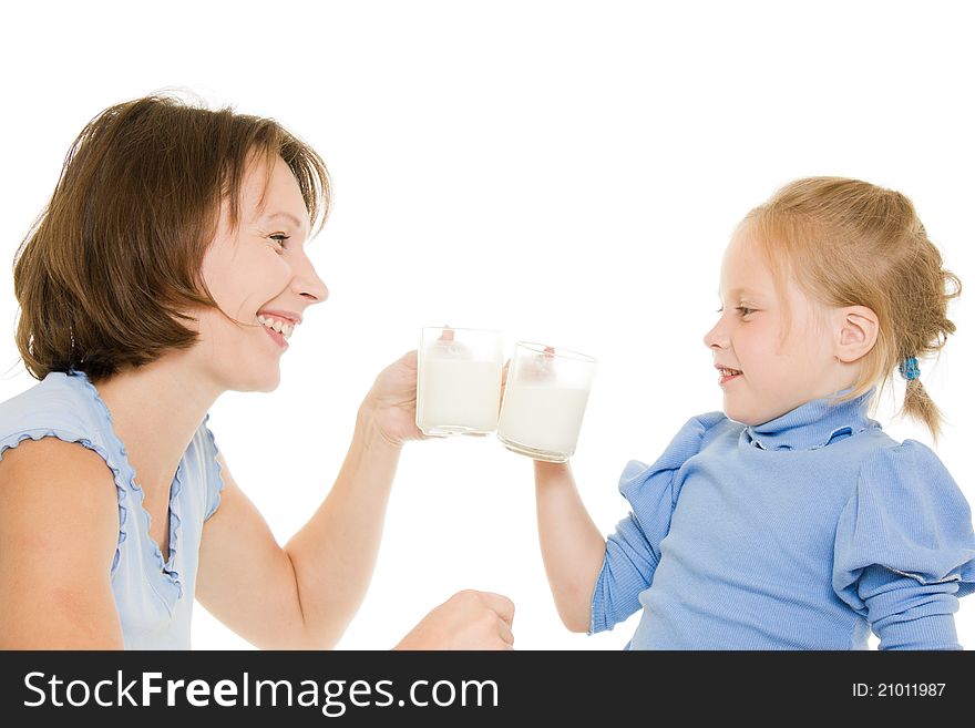Mom And Daughter Drink Milk.