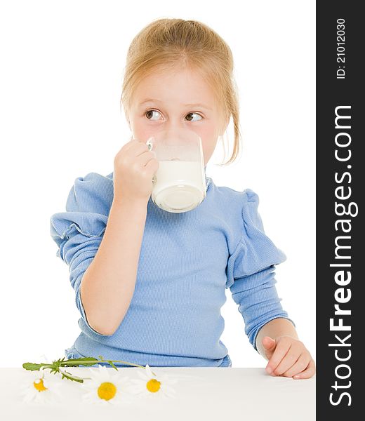 Girl drinking milk on a white background.