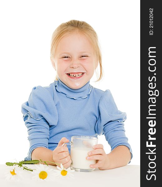 Girl drinking milk on a white background.