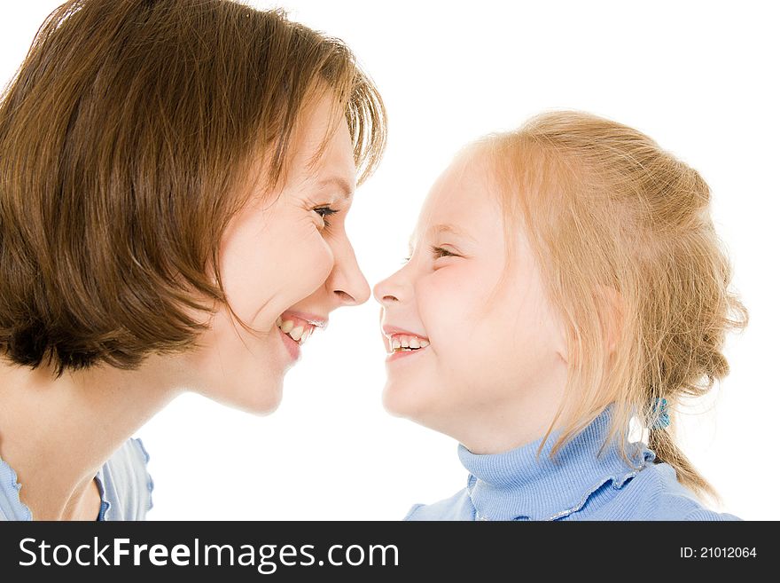 Mother with daughter on a white background.
