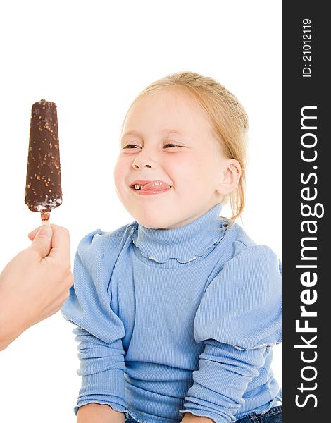 Girl eating ice cream on a white background.