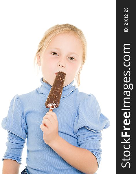 Girl eating ice cream on a white background.