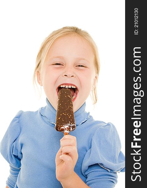 Girl eating ice cream on a white background.