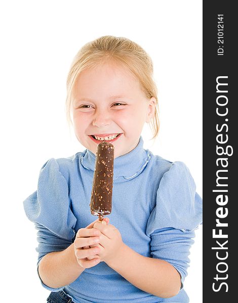 Girl eating ice cream on a white background.