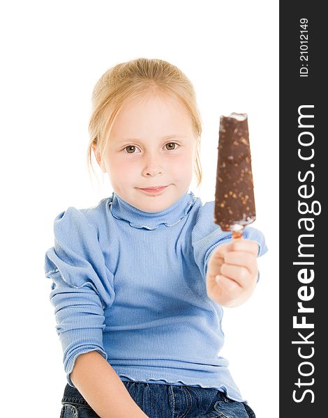 Girl eating ice cream on a white background.