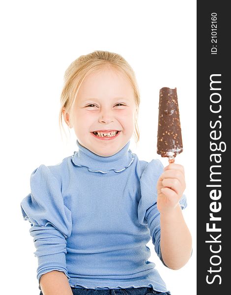 Girl eating ice cream on a white background.