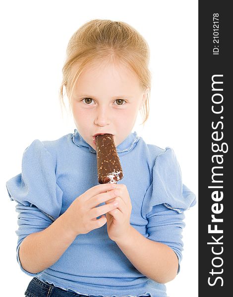 Girl eating ice cream on a white background.