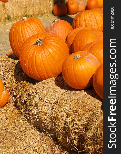 Bright Orange Pumpkins Stacked On Hay Bales