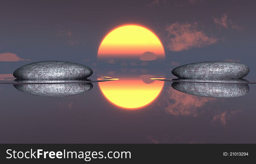 Two stone on the water and sun