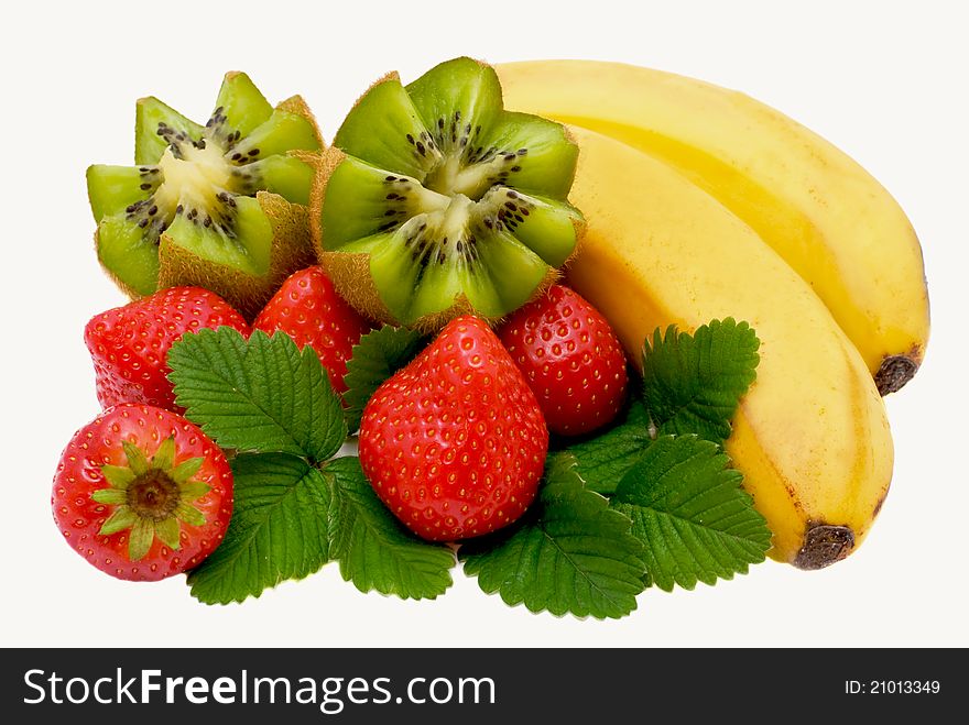 Bananas, kiwi and strawberry isolated on a white background. Bananas, kiwi and strawberry isolated on a white background