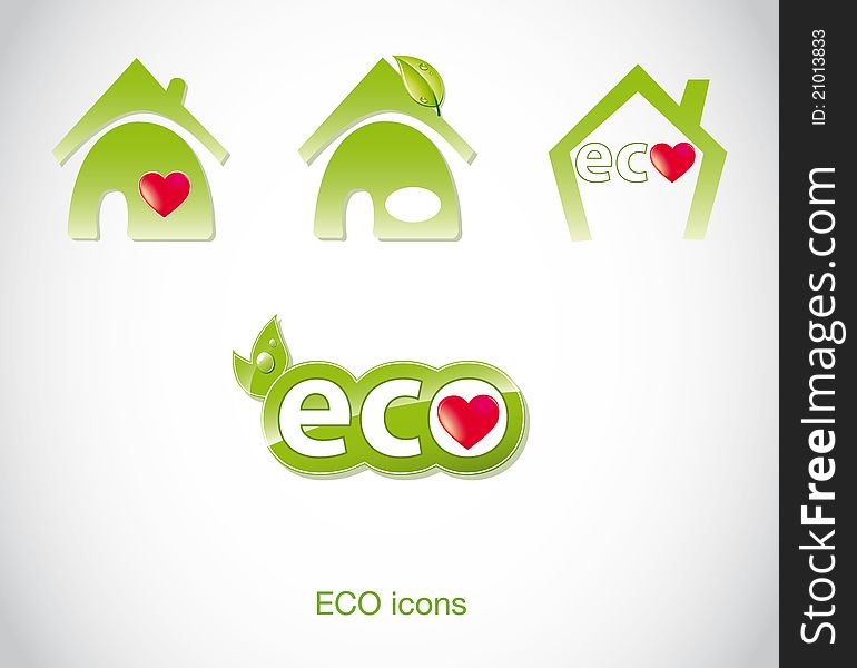 Set of green ecology icons house heart. Set of green ecology icons house heart