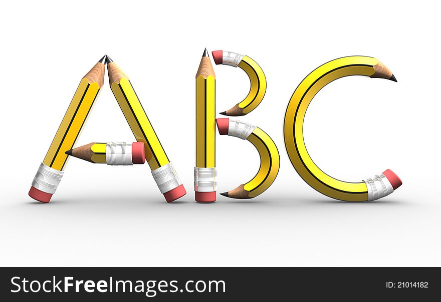 ABC letters made from pencils. 3d render illustration