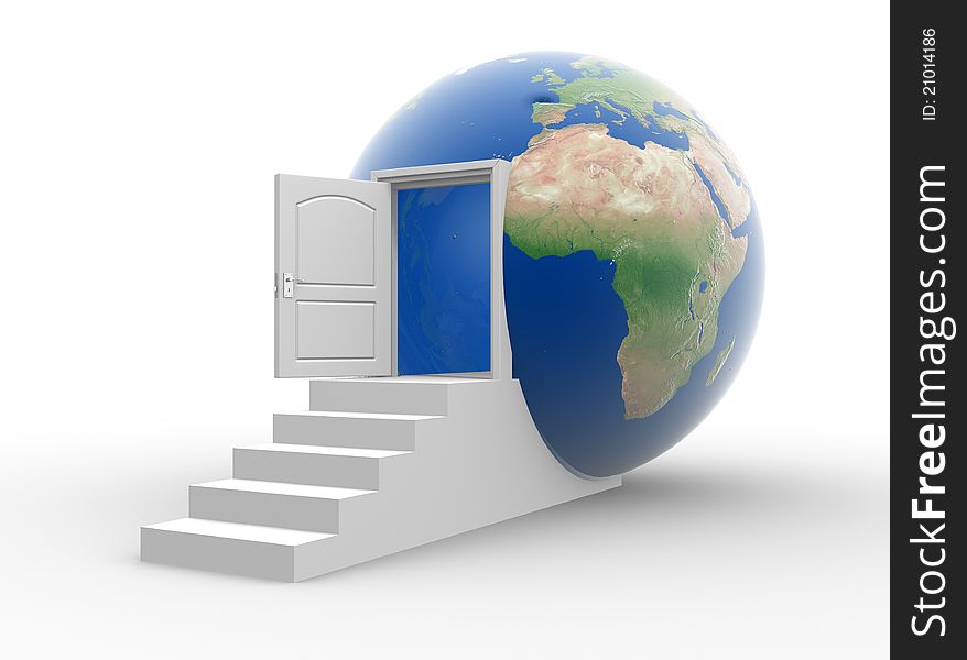 The door opened into a earth globe. 3d render illustration