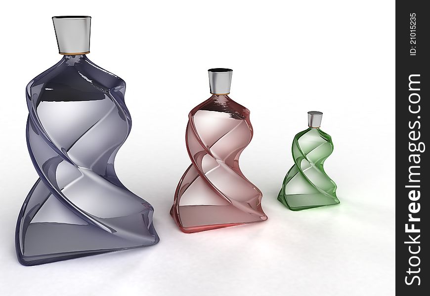 Three twisted glass bottle glass on a white background â„–1. Three twisted glass bottle glass on a white background â„–1