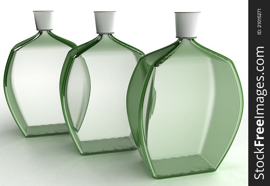 Three glass bottles of green glass on a white background №1. Three glass bottles of green glass on a white background №1