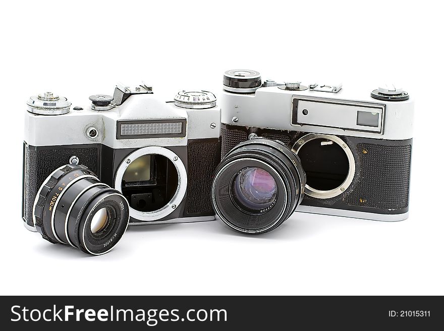 Russian old cameras on white background.