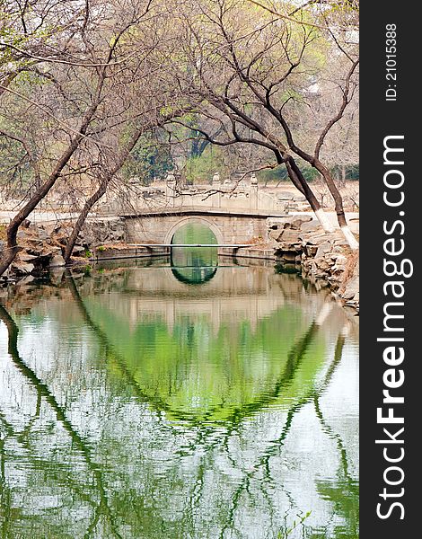 Stone Arch Bridge Reflection In Pond