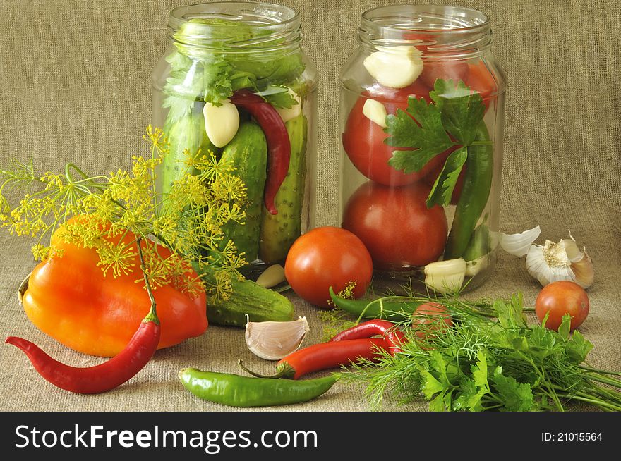 Vegetables in glass jars for preservation