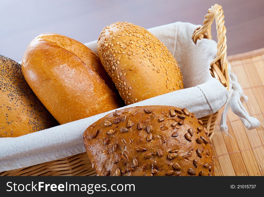 Assortment of small breads in basket closeup