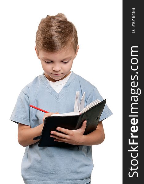 Portrait of a funny little boy holding a books over white background. Portrait of a funny little boy holding a books over white background