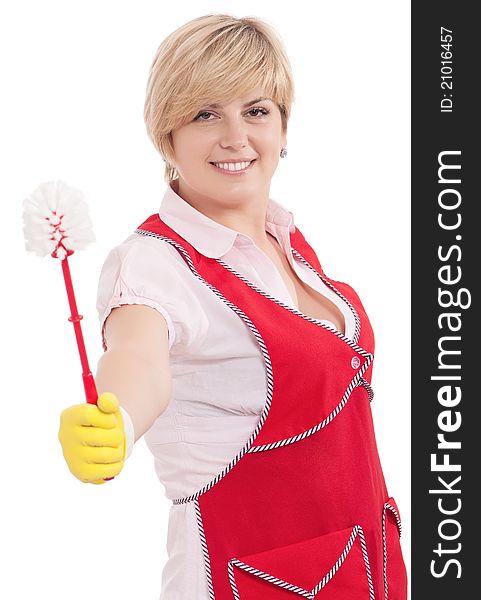 Happy young housewife with toilet brush - isolated on white background