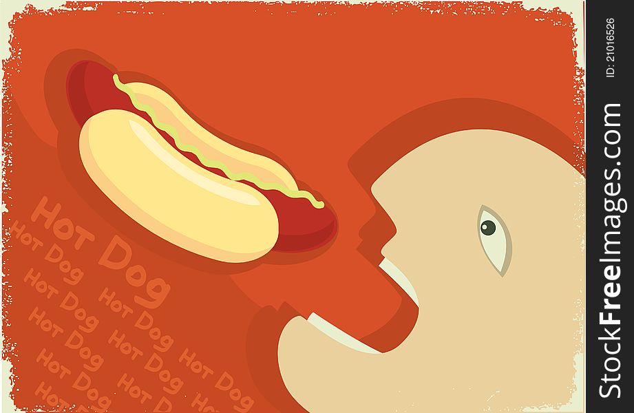 Vector hungry man eating hot dog.