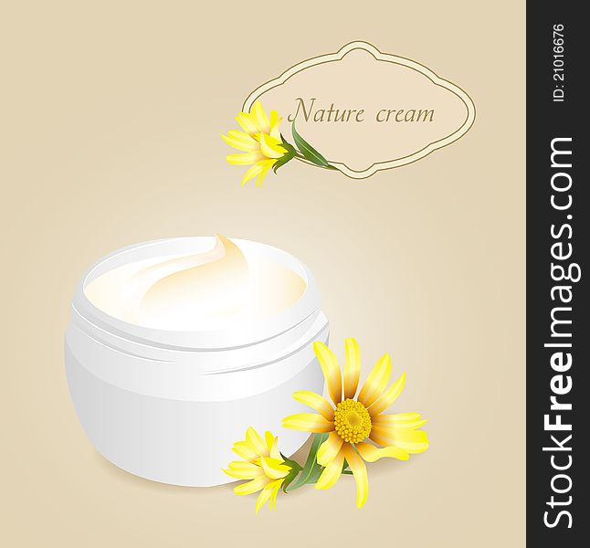 Skin cream with yellow flower. Vector illustration.
