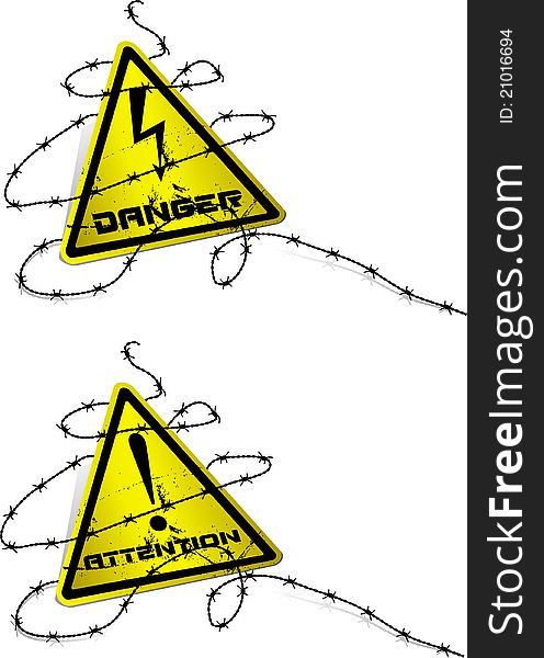 Warning sign with barbed wire. Vector.
