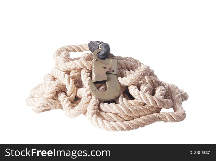 Rope with metal hook on a white background