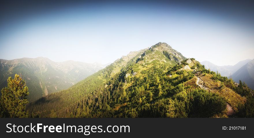 Mountain panorama with rocks, trees and light sky