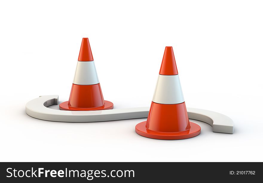 Traffic cones and arrow on white background