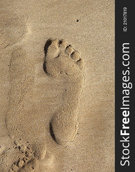 Man foot print on a sand beach